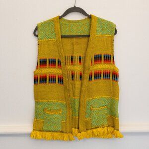 Vintage Handwoven Boho Vest Multicolor Geometric Pattern Fringe Festival Ethnic